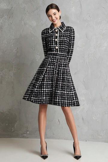 Black A-Line Tweed Collar Neck Work Dress